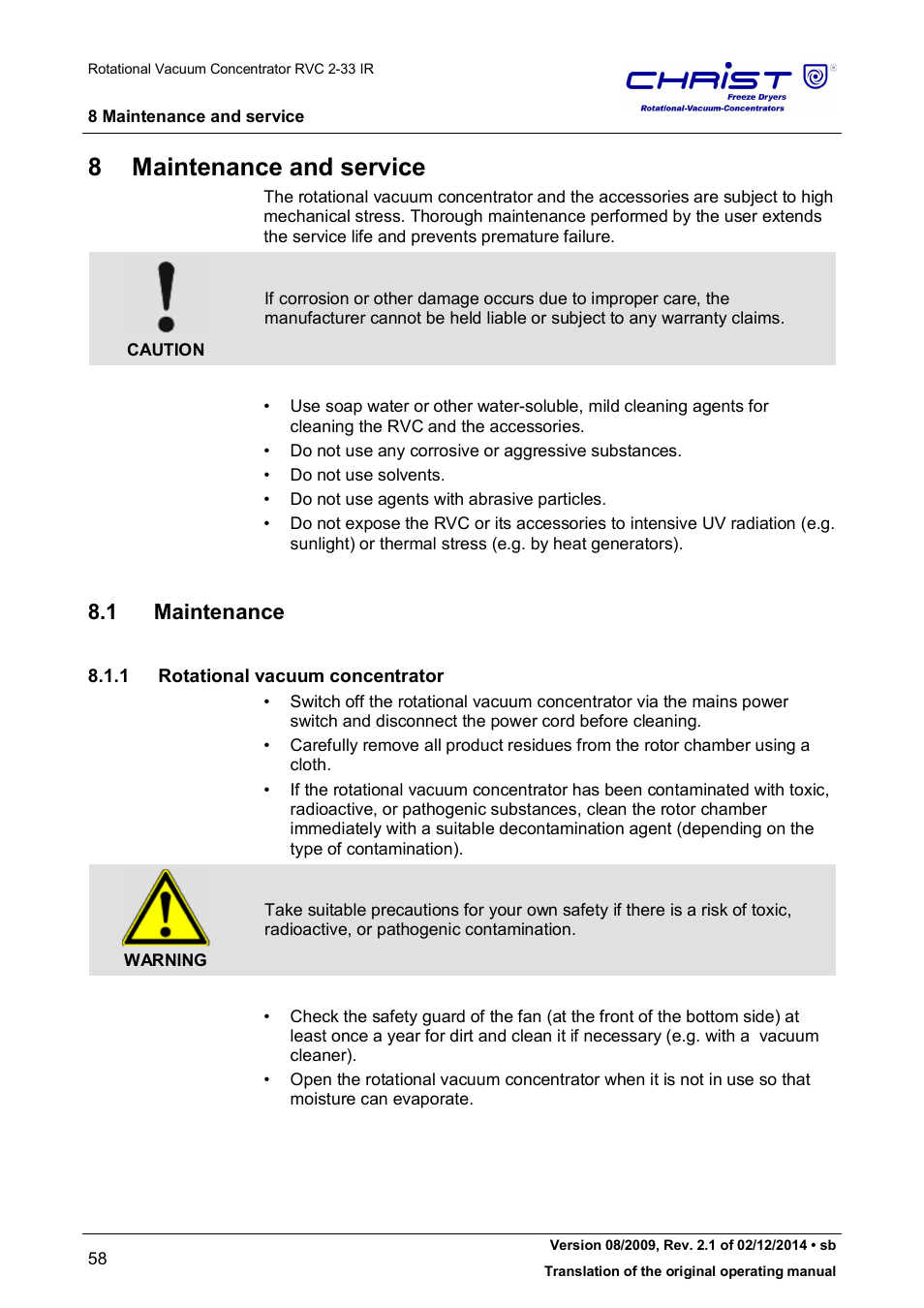 8 maintenance and service, 1 maintenance | Martin Christ RVC 2-33 CDplus User Manual | Page 58 / 98