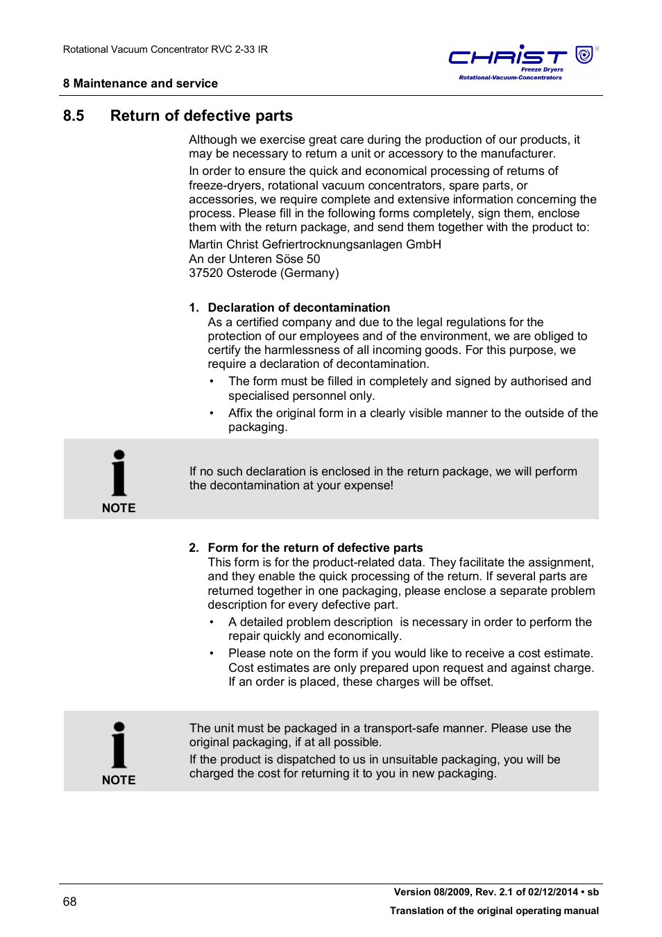 5 return of defective parts | Martin Christ RVC 2-33 CDplus User Manual | Page 68 / 98