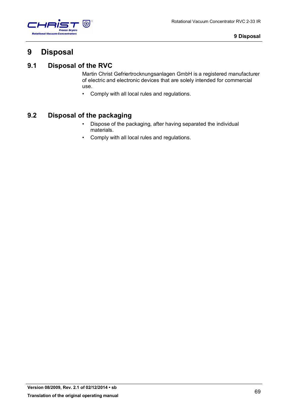 9 disposal, 1 disposal of the rvc, 2 disposal of the packaging | Martin Christ RVC 2-33 CDplus User Manual | Page 69 / 98