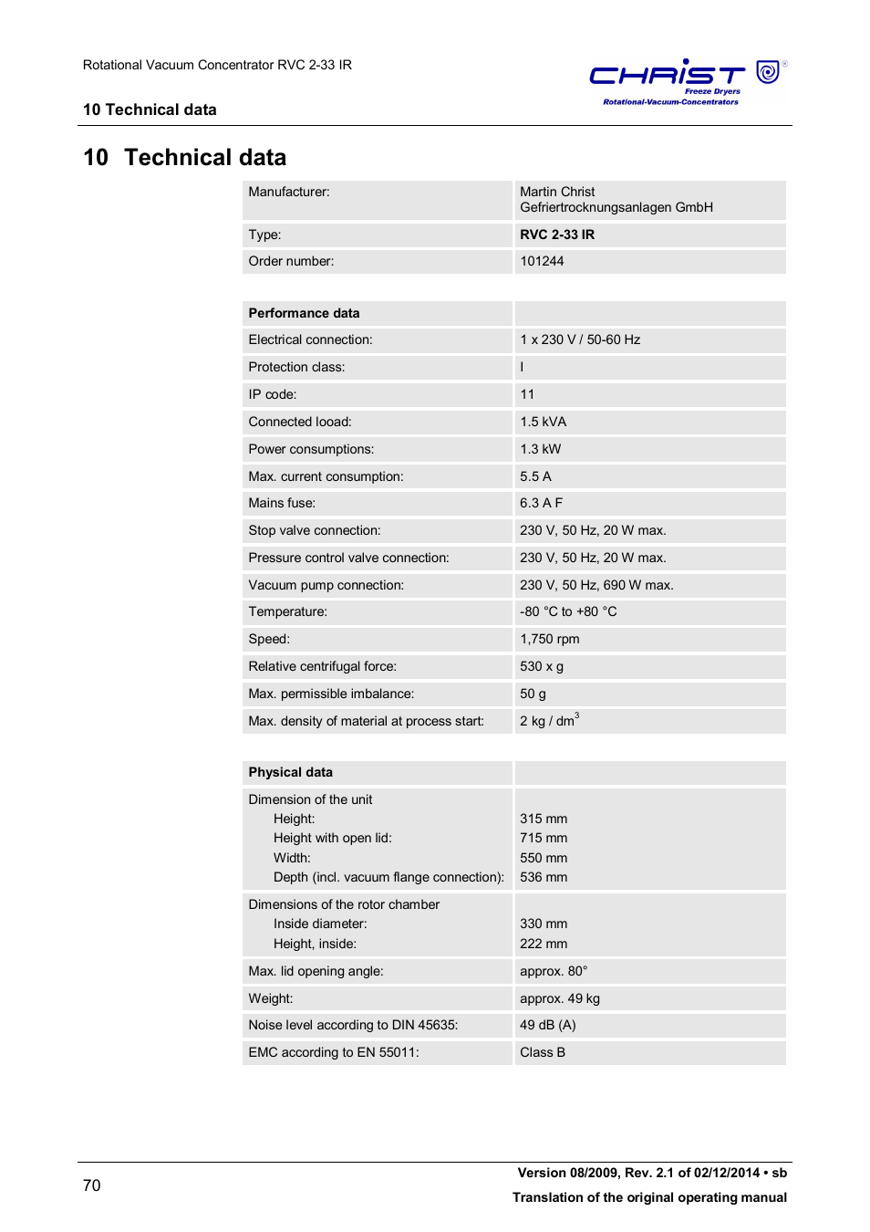 10 technical data | Martin Christ RVC 2-33 CDplus User Manual | Page 70 / 98