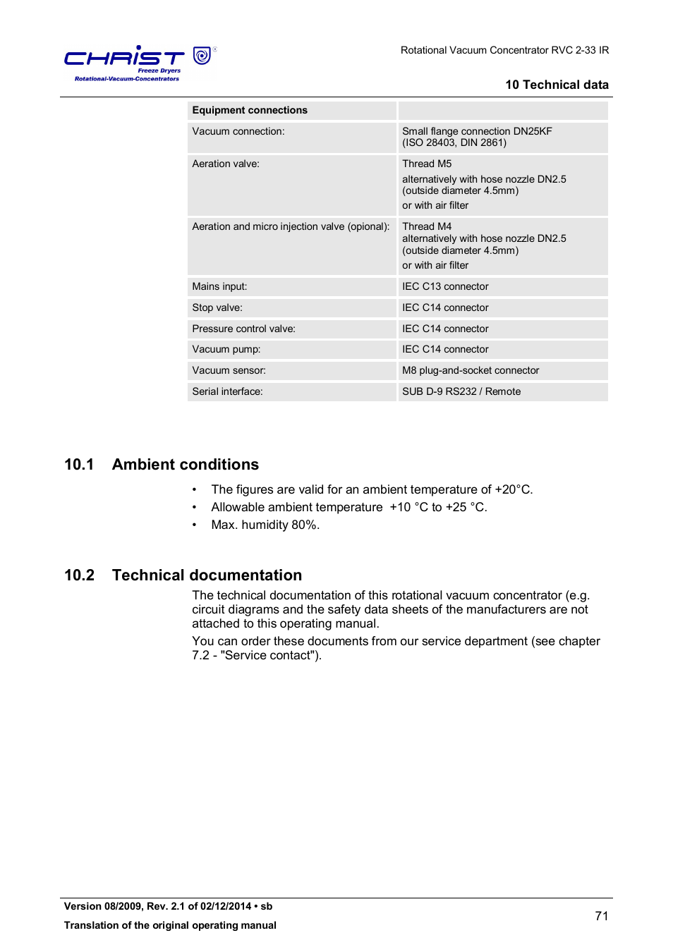 1 ambient conditions, 2 technical documentation | Martin Christ RVC 2-33 CDplus User Manual | Page 71 / 98
