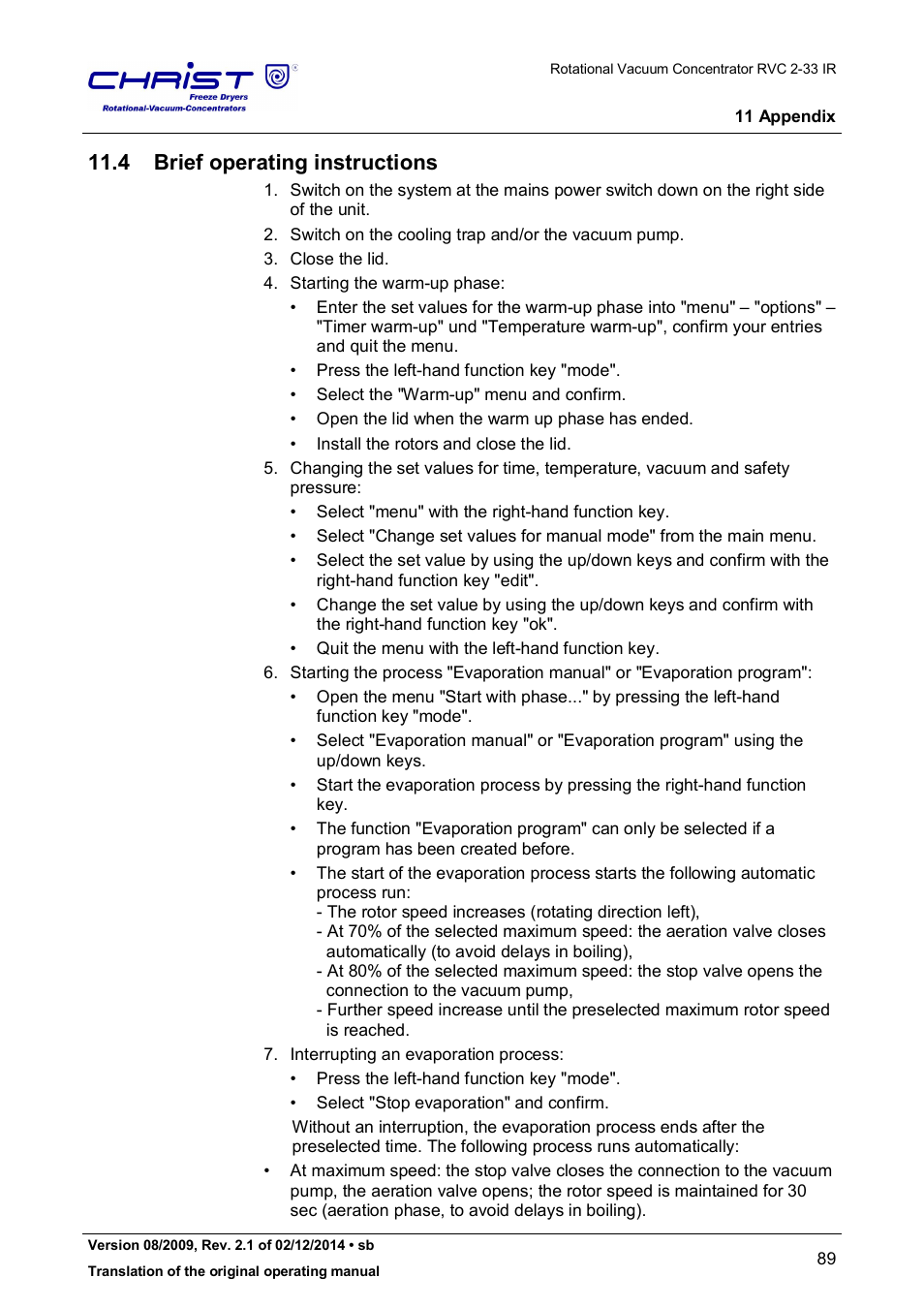 4 brief operating instructions | Martin Christ RVC 2-33 CDplus User Manual | Page 89 / 98