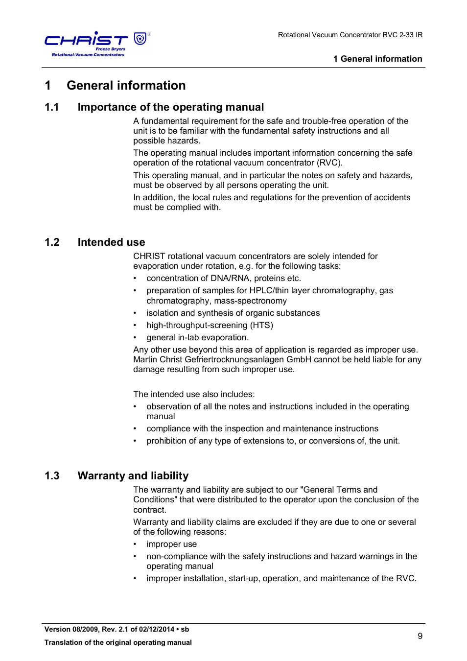 1 general information, 1 importance of the operating manual, 2 intended use | 3 warranty and liability | Martin Christ RVC 2-33 CDplus User Manual | Page 9 / 98