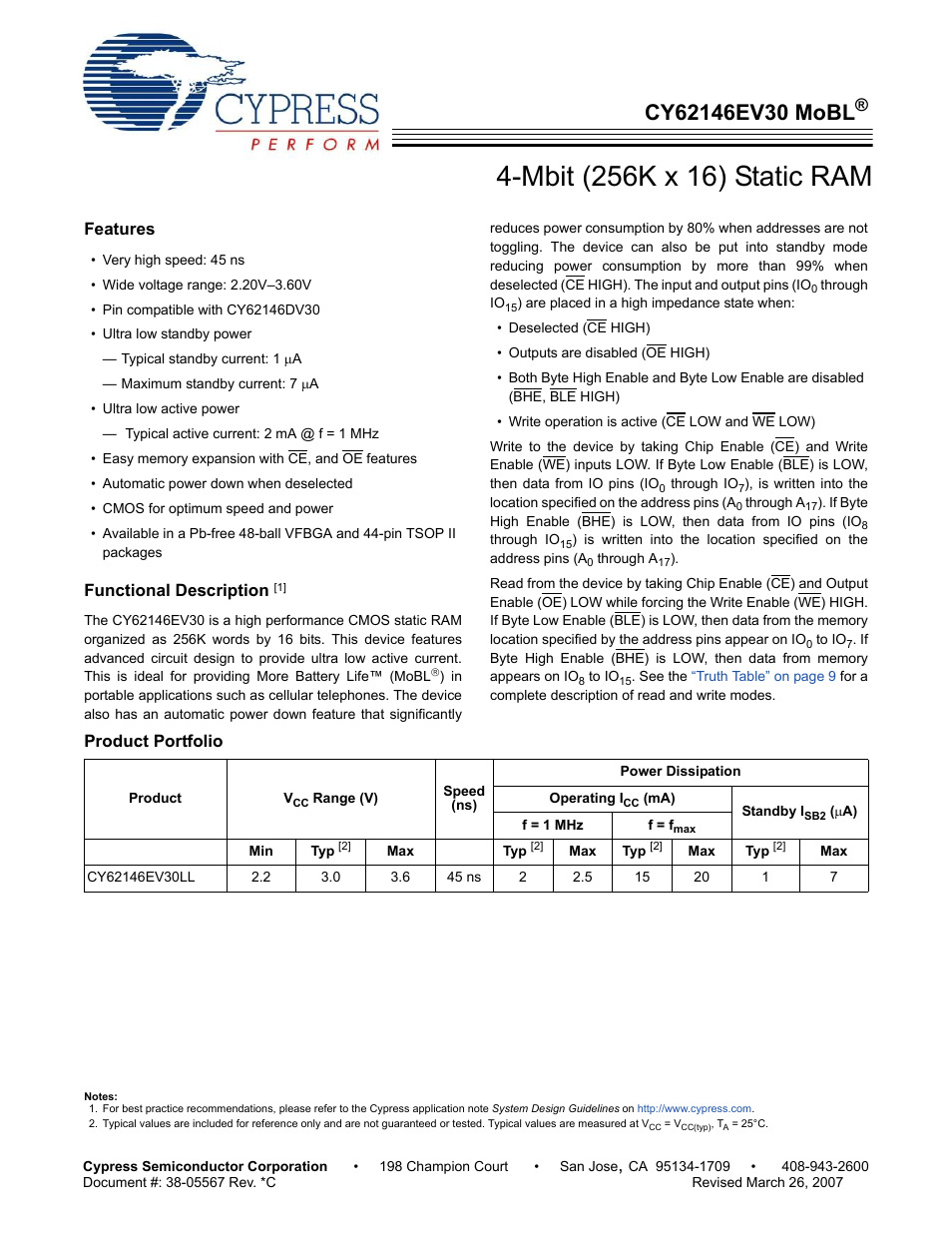 Cypress CY62146EV30 User Manual | 12 pages