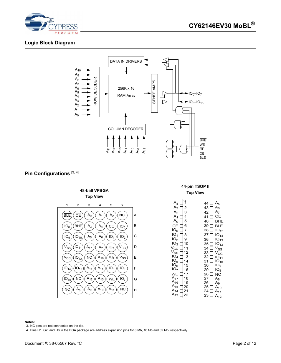 Logic block diagram pin configurations | Cypress CY62146EV30 User Manual | Page 2 / 12