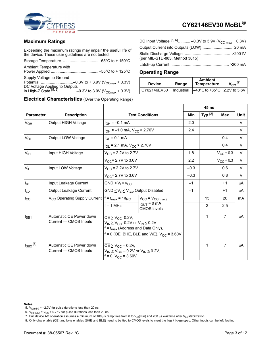 Maximum ratings, Operating range, Electrical characteristics | Cypress CY62146EV30 User Manual | Page 3 / 12