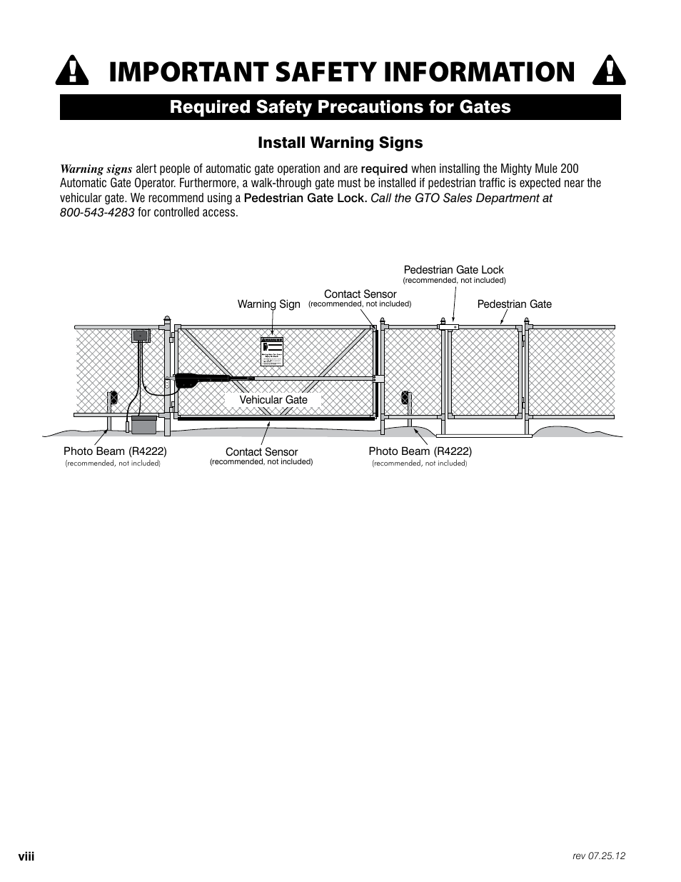 Important safety information, Required safety precautions for gates, Install warning signs | Mighty Mule FM200 User Manual | Page 10 / 36