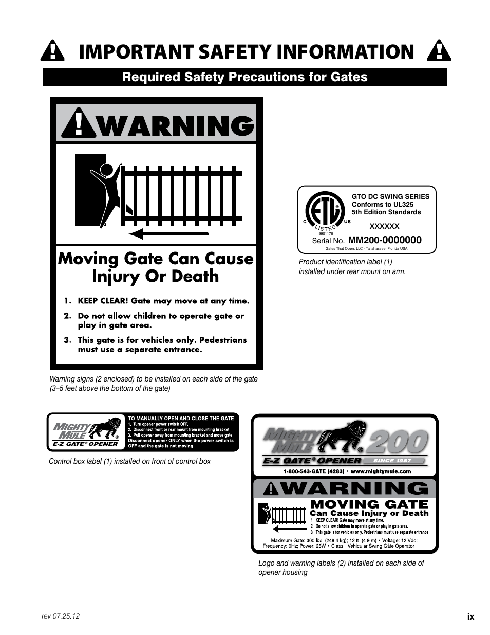 Important safety information, Required safety precautions for gates | Mighty Mule FM200 User Manual | Page 11 / 36