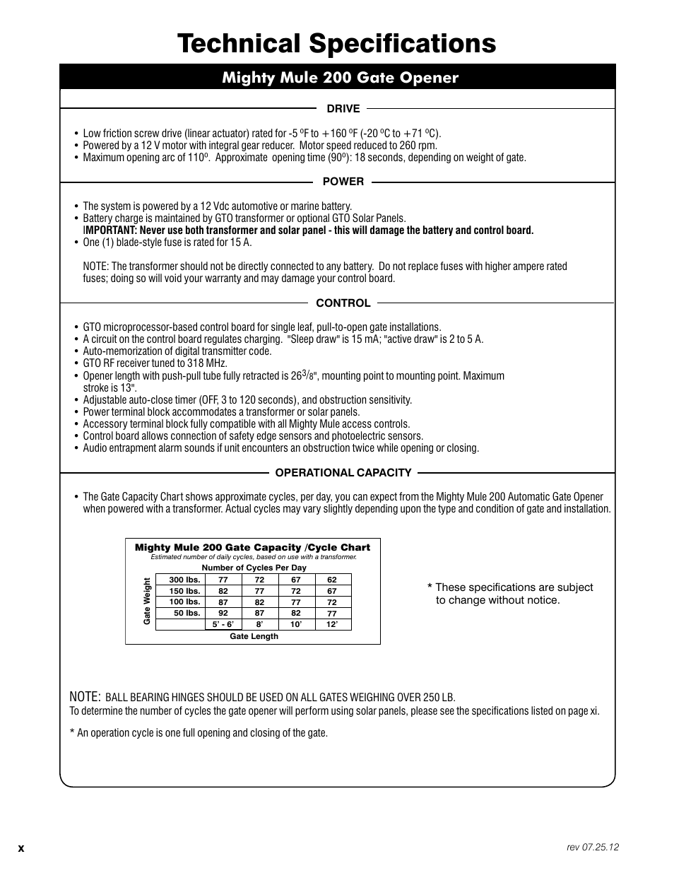 Technical specifications, Mighty mule 200 gate opener | Mighty Mule FM200 User Manual | Page 12 / 36