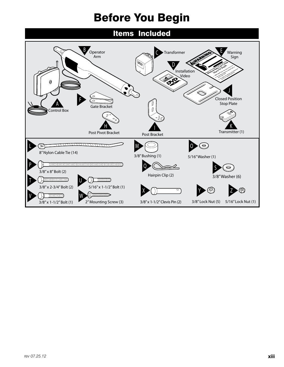 Before you begin, Items included, Xiii | Mighty Mule FM200 User Manual | Page 15 / 36