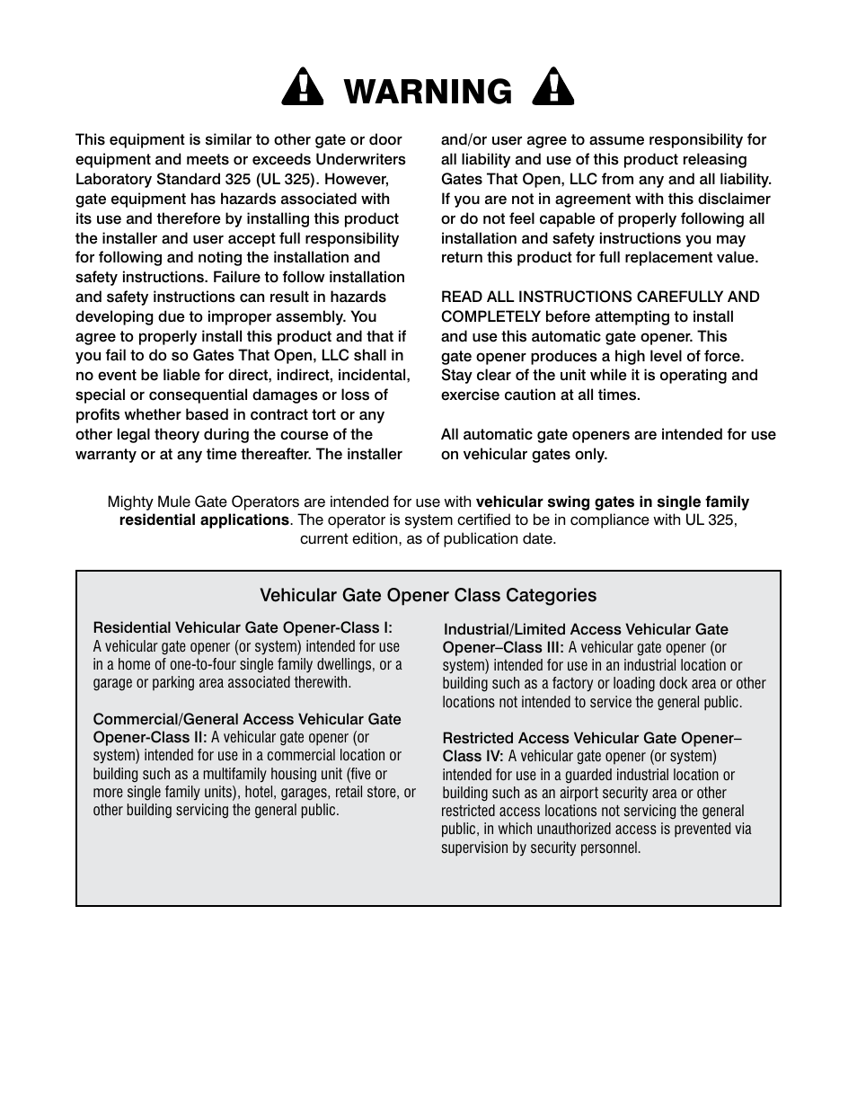 Warning | Mighty Mule FM200 User Manual | Page 2 / 36