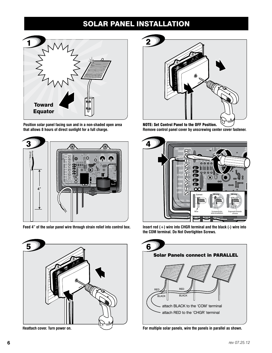 Solar panel installation, Toward equator, Solar panels connect in parallel | 06 a vr-isp, D15 r20, Var1 | Mighty Mule FM200 User Manual | Page 22 / 36
