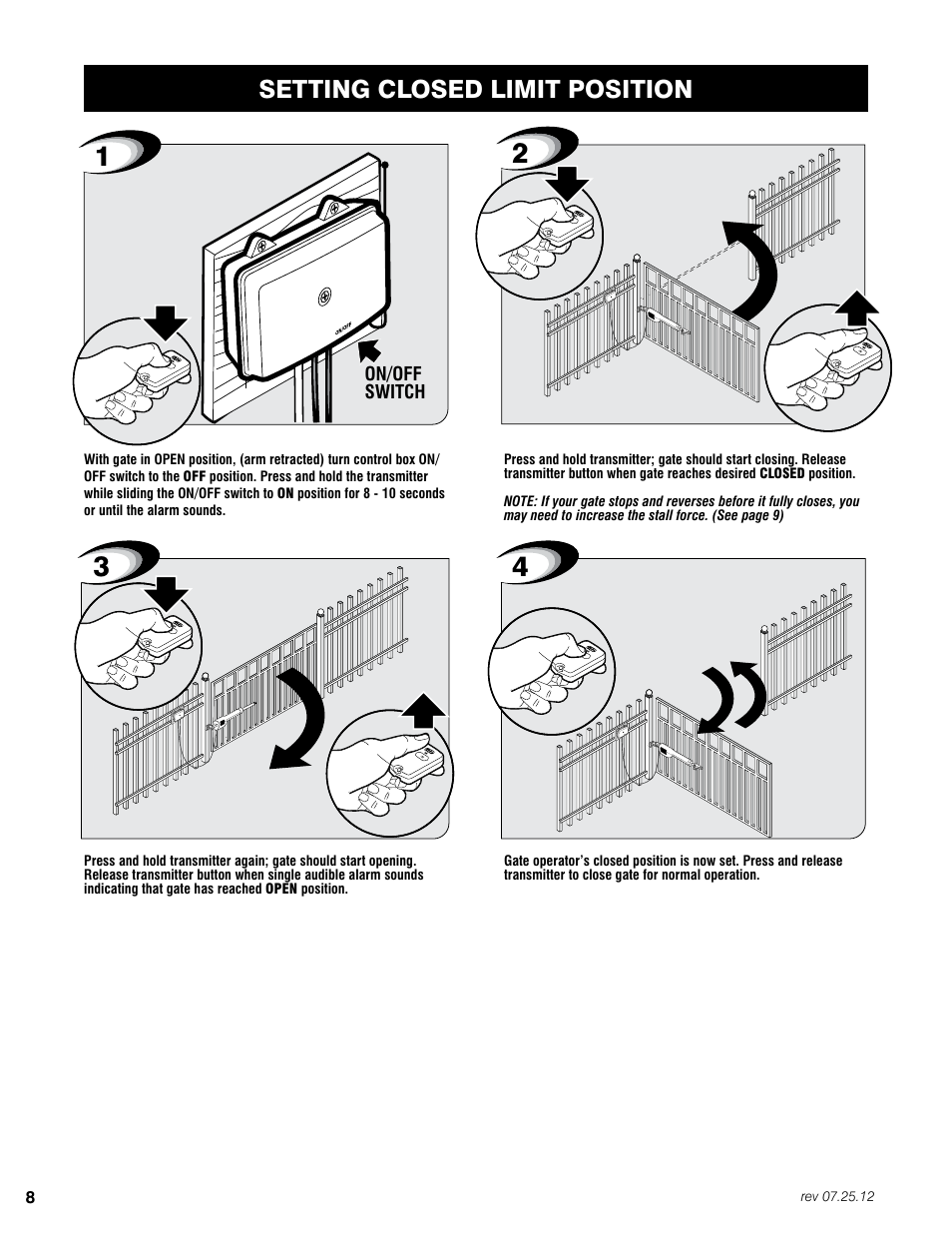 Setting closed limit position, On/off switch | Mighty Mule FM200 User Manual | Page 24 / 36