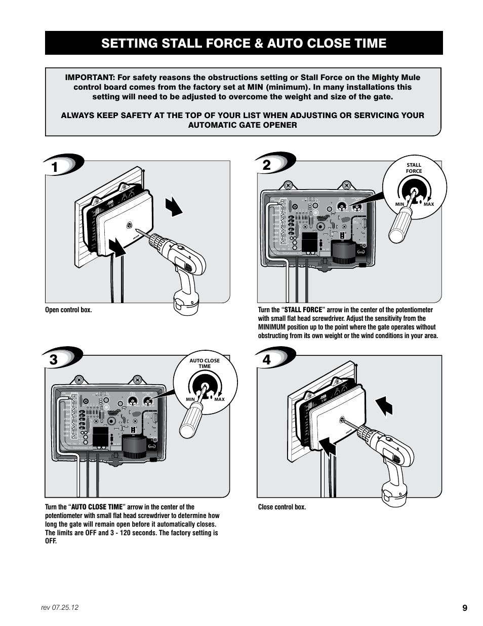 Setting stall force & auto close time, 06 a vr-isp, D15 r20 | Var1, Stall force, Auto close time, Min max | Mighty Mule FM200 User Manual | Page 25 / 36