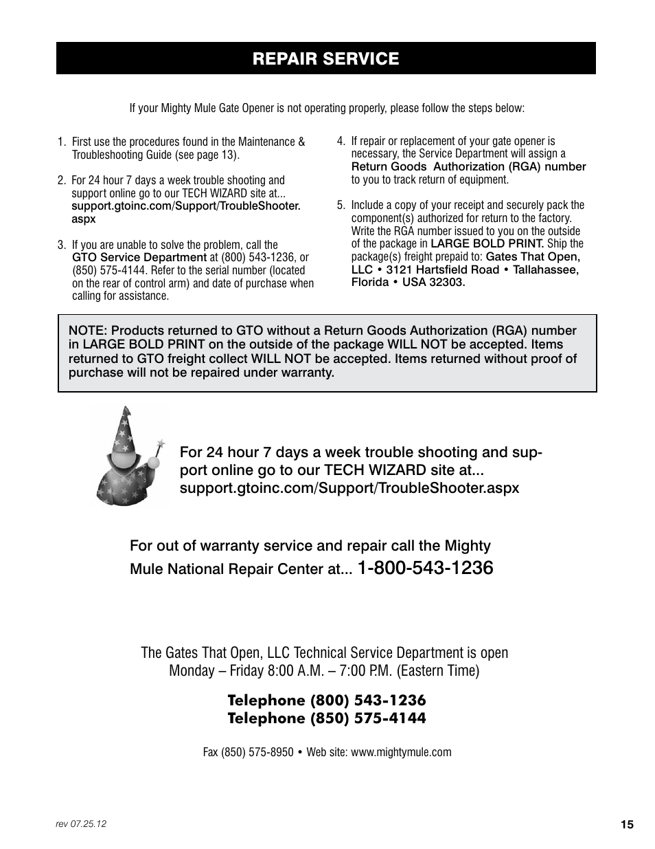 Repair service | Mighty Mule FM200 User Manual | Page 31 / 36
