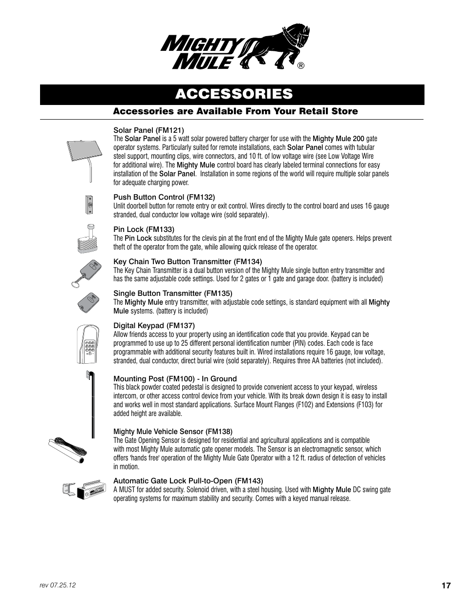 E-z gate openers, Accessories, Accessories are available from your retail store | Mighty Mule FM200 User Manual | Page 33 / 36
