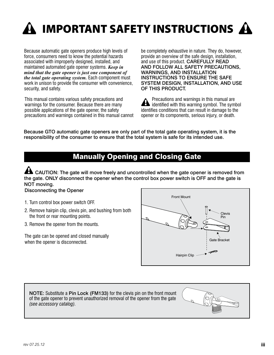 Important safety instructions, Manually opening and closing gate | Mighty Mule FM200 User Manual | Page 5 / 36