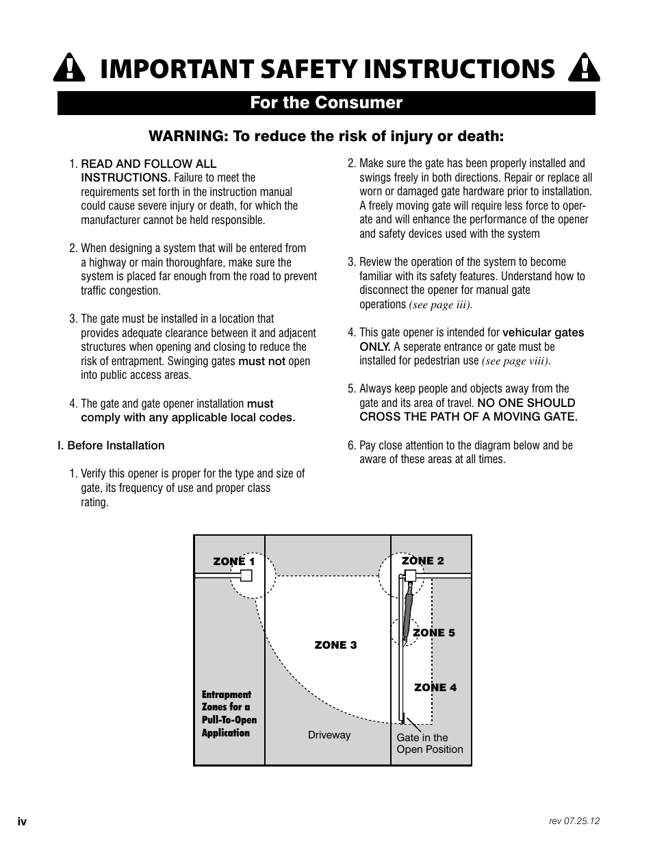 Important safety instructions, For the consumer, Warning: to reduce the risk of injury or death | Mighty Mule FM200 User Manual | Page 6 / 36