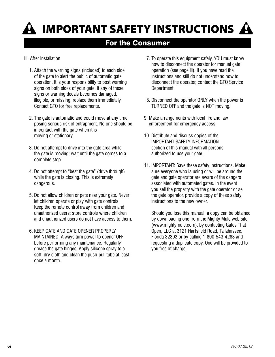 Important safety instructions, For the consumer | Mighty Mule FM200 User Manual | Page 8 / 36