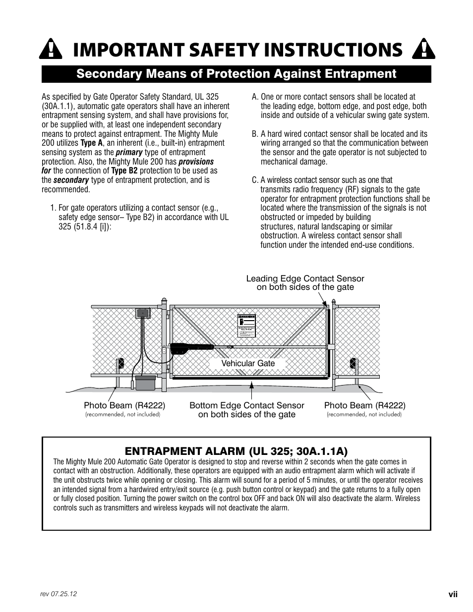 Important safety instructions, Secondary means of protection against entrapment | Mighty Mule FM200 User Manual | Page 9 / 36