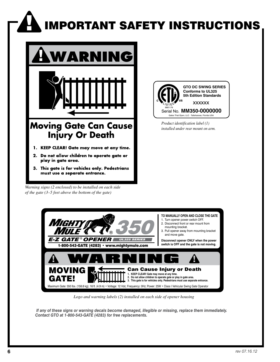 Important safety instructions, Moving gate | Mighty Mule FM350 User Manual | Page 10 / 44