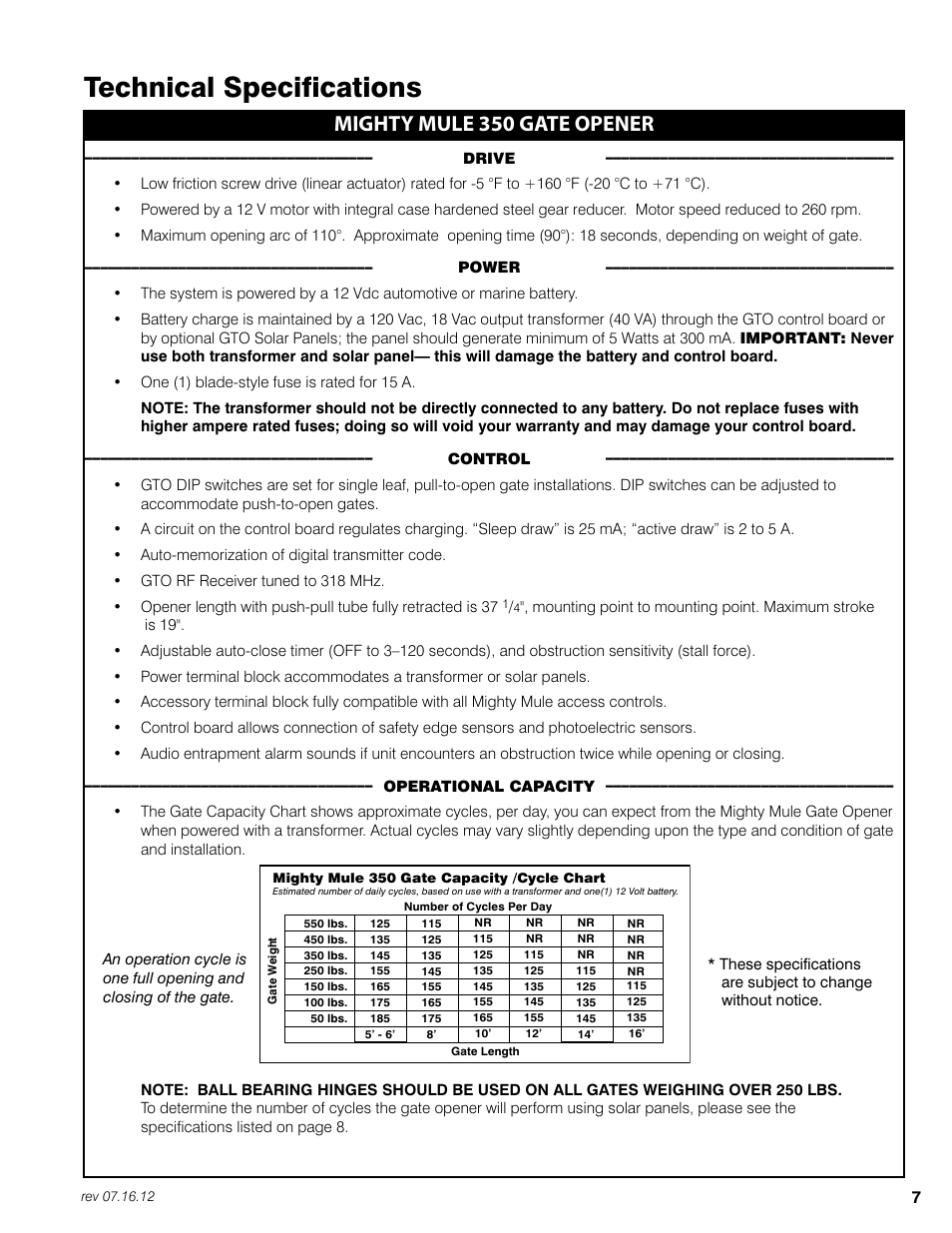 Technical specifications, Mighty mule 350 gate opener | Mighty Mule FM350 User Manual | Page 11 / 44