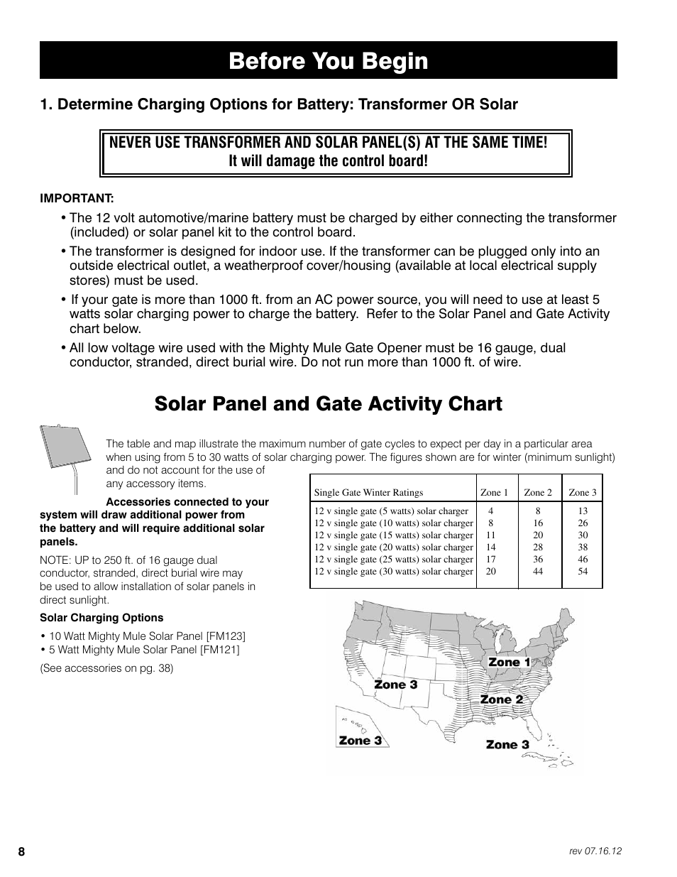Before you begin, Solar panel and gate activity chart | Mighty Mule FM350 User Manual | Page 12 / 44
