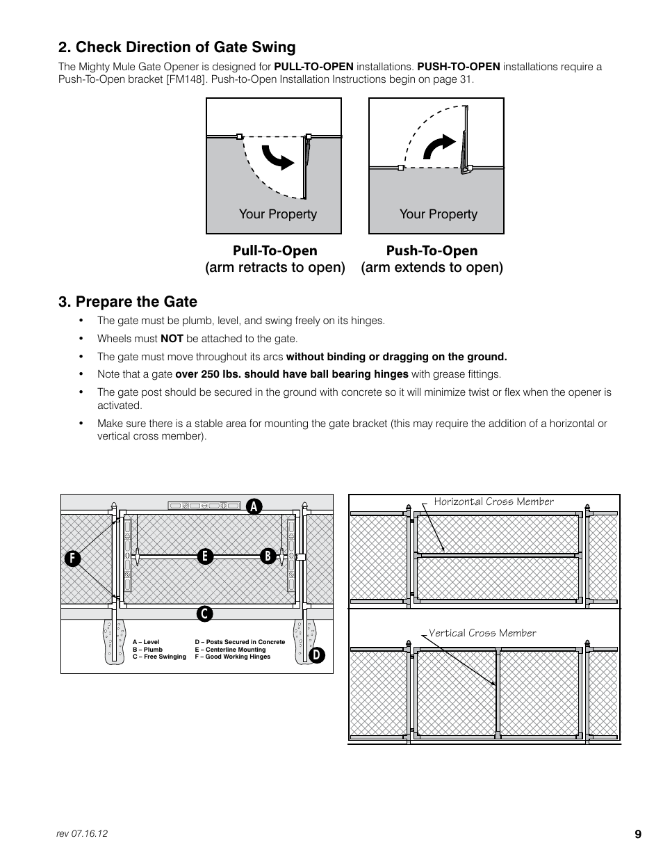 Check direction of gate swing, Prepare the gate, Pull-to-open | Push-to-open, Arm retracts to open), Arm extends to open) | Mighty Mule FM350 User Manual | Page 13 / 44