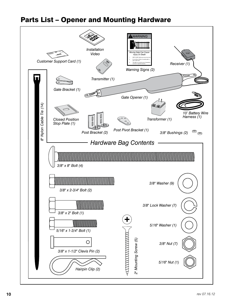 Parts list – opener and mounting hardware, Hardware bag contents, Receiver (1) installation video | Mighty Mule FM350 User Manual | Page 14 / 44