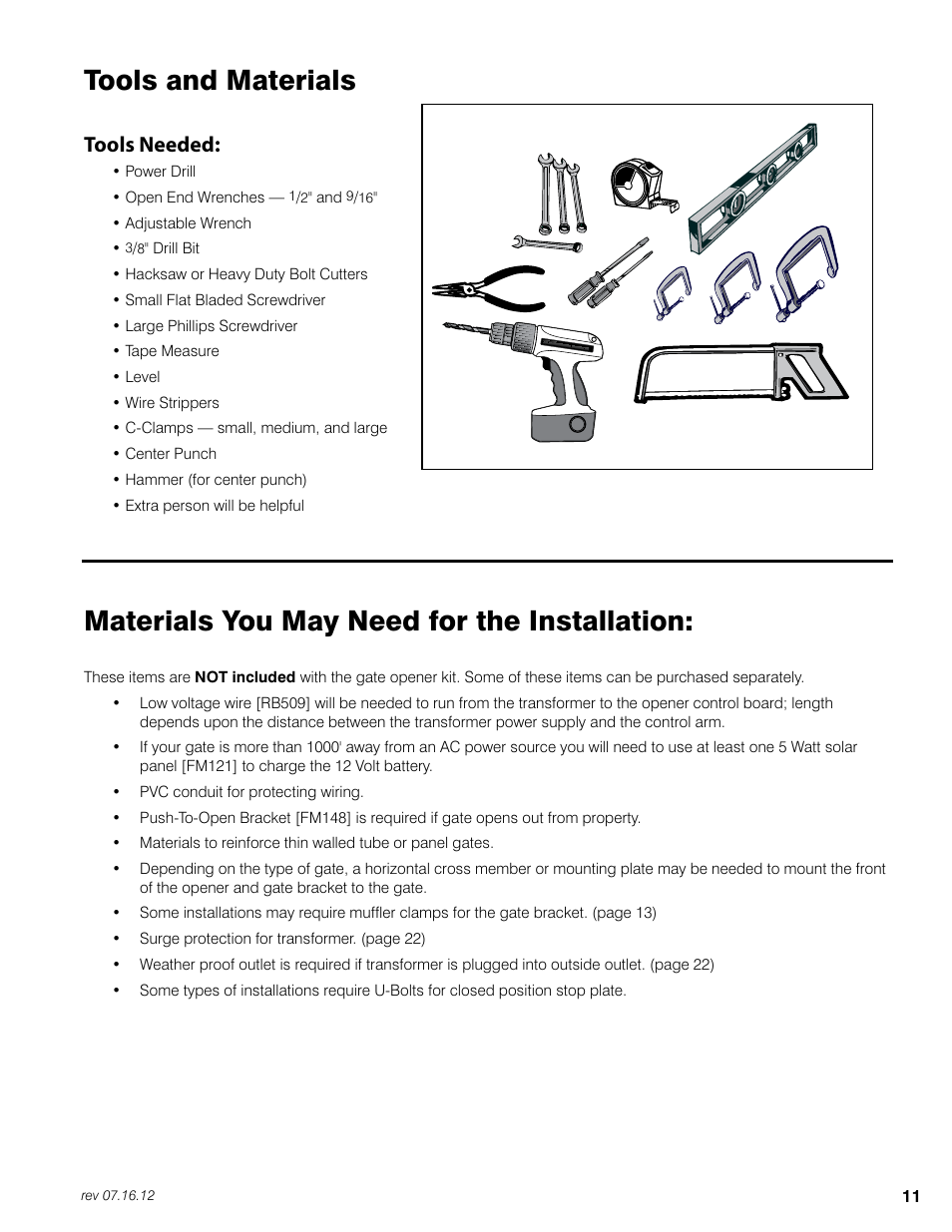 Tools and materials, Materials you may need for the installation, Tools needed | Mighty Mule FM350 User Manual | Page 15 / 44