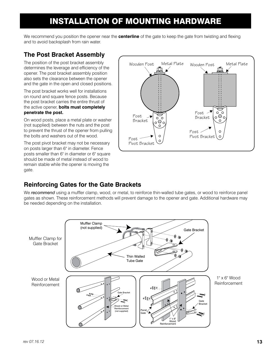 Installation of mounting hardware, The post bracket assembly, Reinforcing gates for the gate brackets | Mighty Mule FM350 User Manual | Page 17 / 44