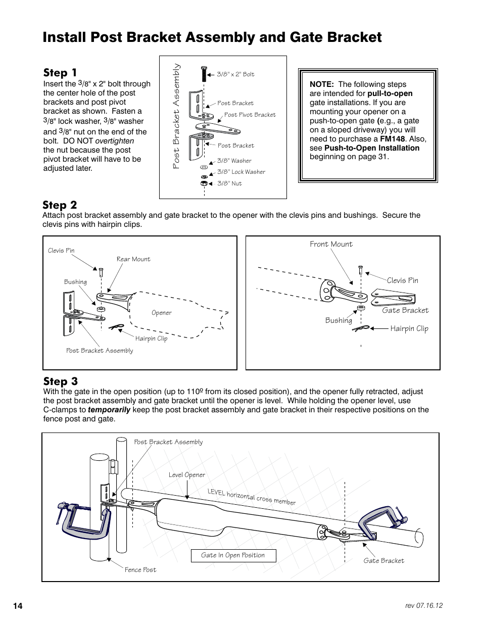 Install post bracket assembly and gate bracket, Step 3, Step 1 | Step 2 | Mighty Mule FM350 User Manual | Page 18 / 44