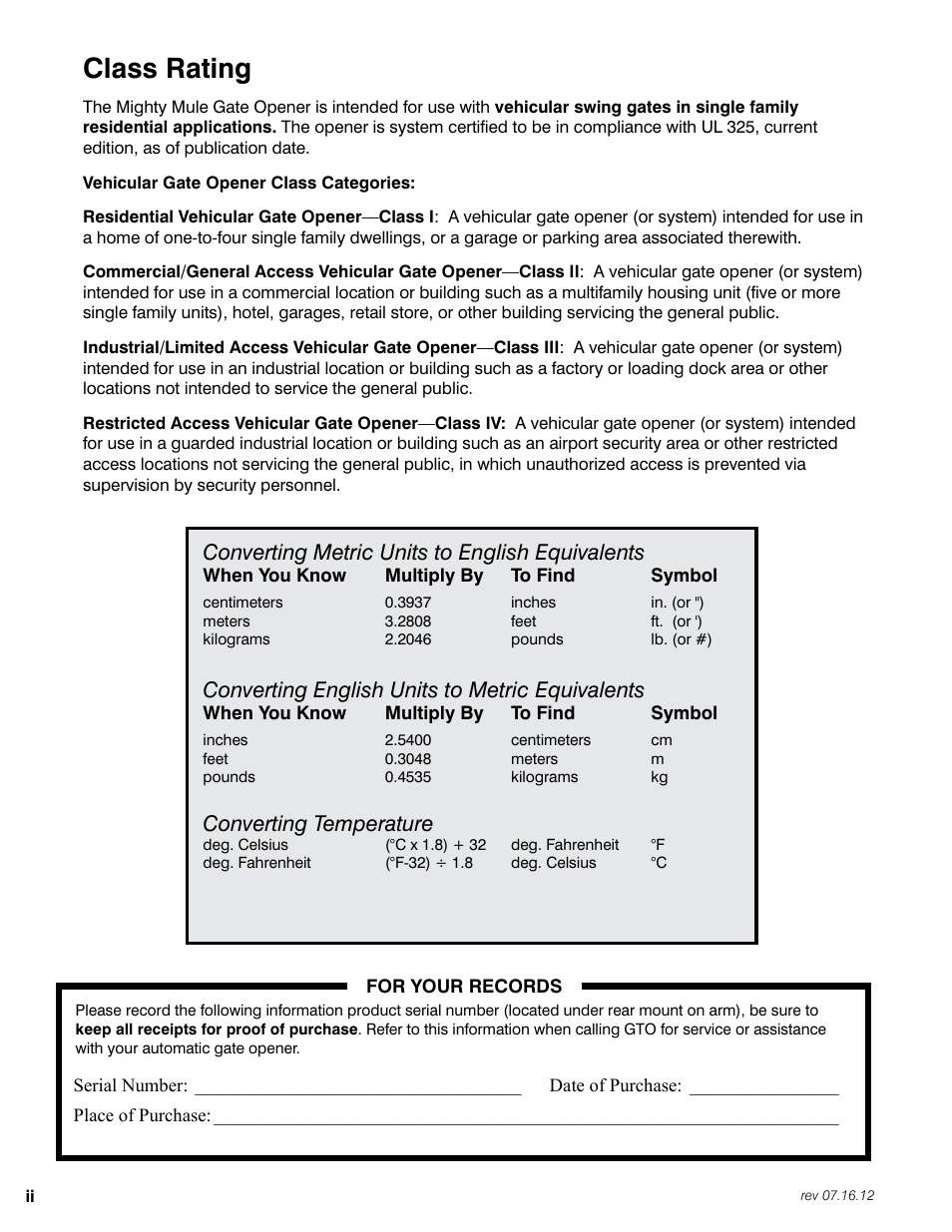 Class rating, Converting metric units to english equivalents, Converting english units to metric equivalents | Converting temperature | Mighty Mule FM350 User Manual | Page 2 / 44