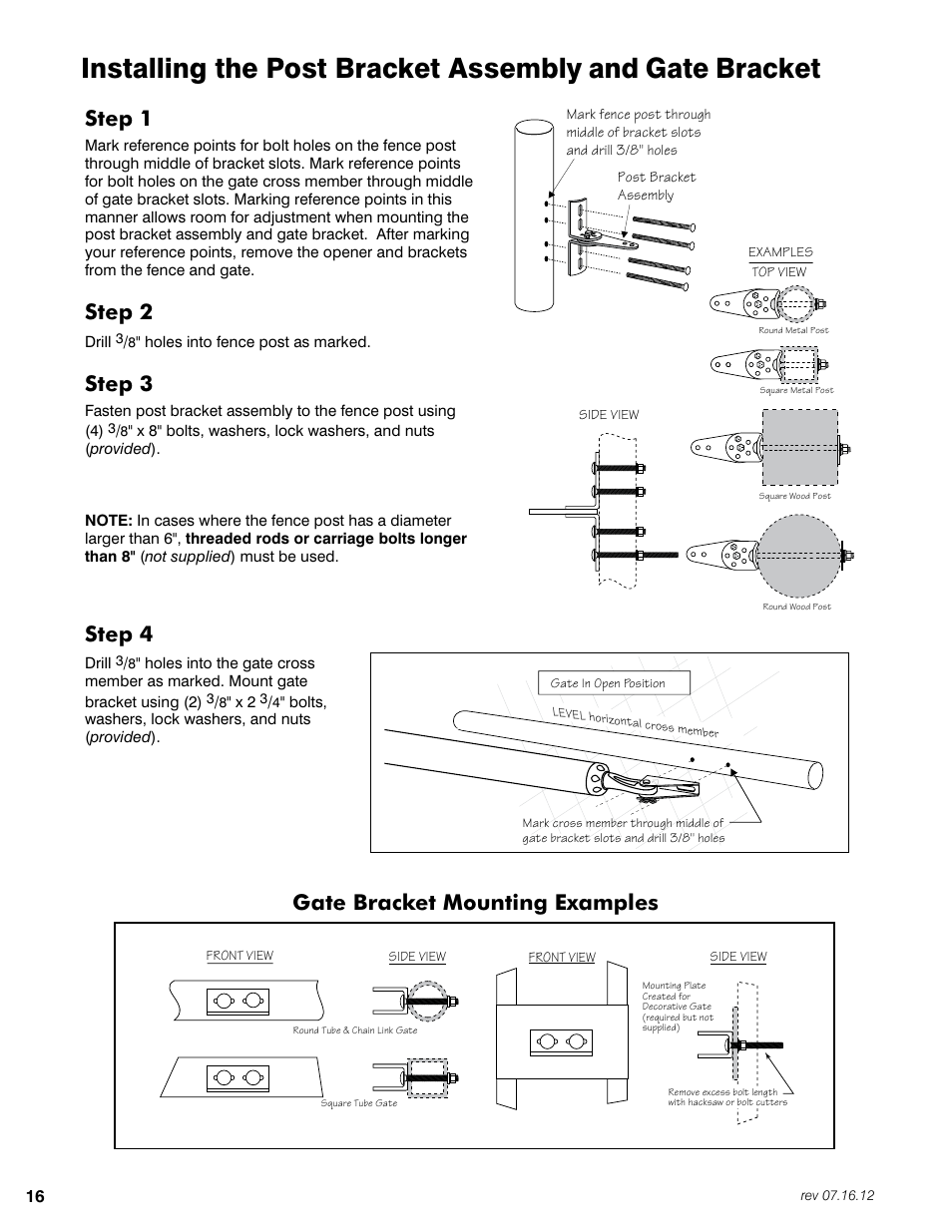 Step 1, Step 2, Step 3 | Step 4, Gate bracket mounting examples | Mighty Mule FM350 User Manual | Page 20 / 44