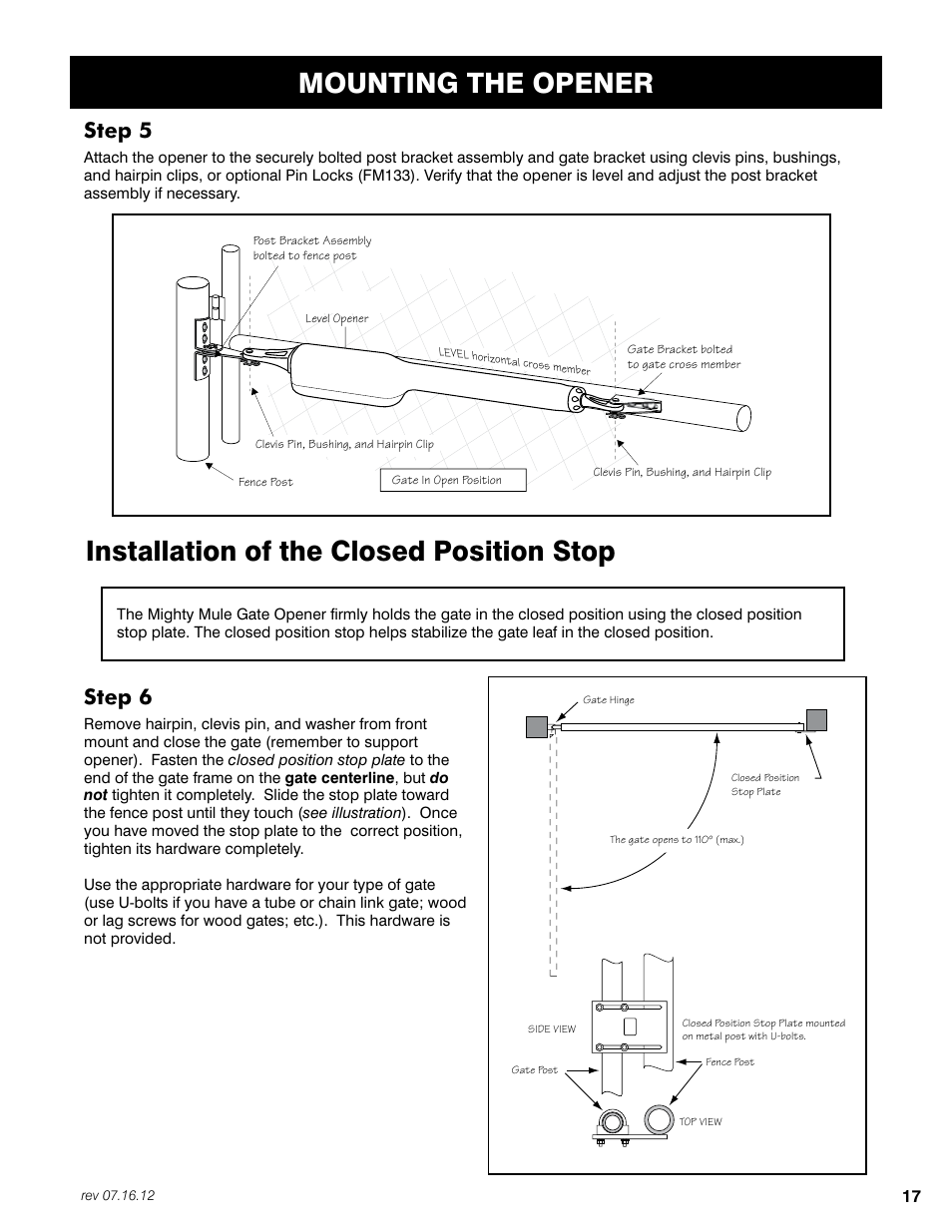 Installation of the closed position stop, Mounting the opener, Step 5 | Step 6 | Mighty Mule FM350 User Manual | Page 21 / 44