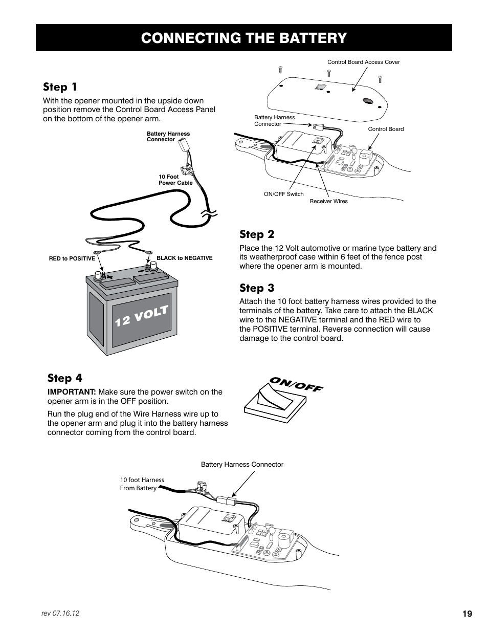 Connecting the battery, Step 2, Step 3 | Step 1, Step 4, On/off | Mighty Mule FM350 User Manual | Page 23 / 44