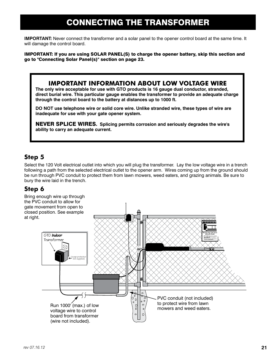 Connecting the transformer, Step 5, Step 6 | Important information about low voltage wire | Mighty Mule FM350 User Manual | Page 25 / 44