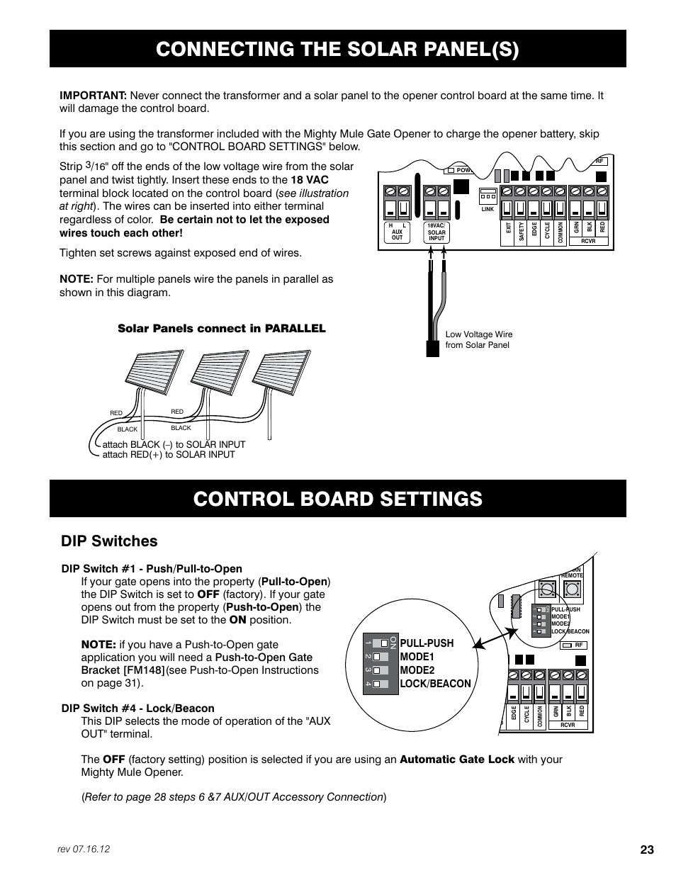 Control board settings, Dip switches, Solar panels connect in parallel | Mighty Mule FM350 User Manual | Page 27 / 44