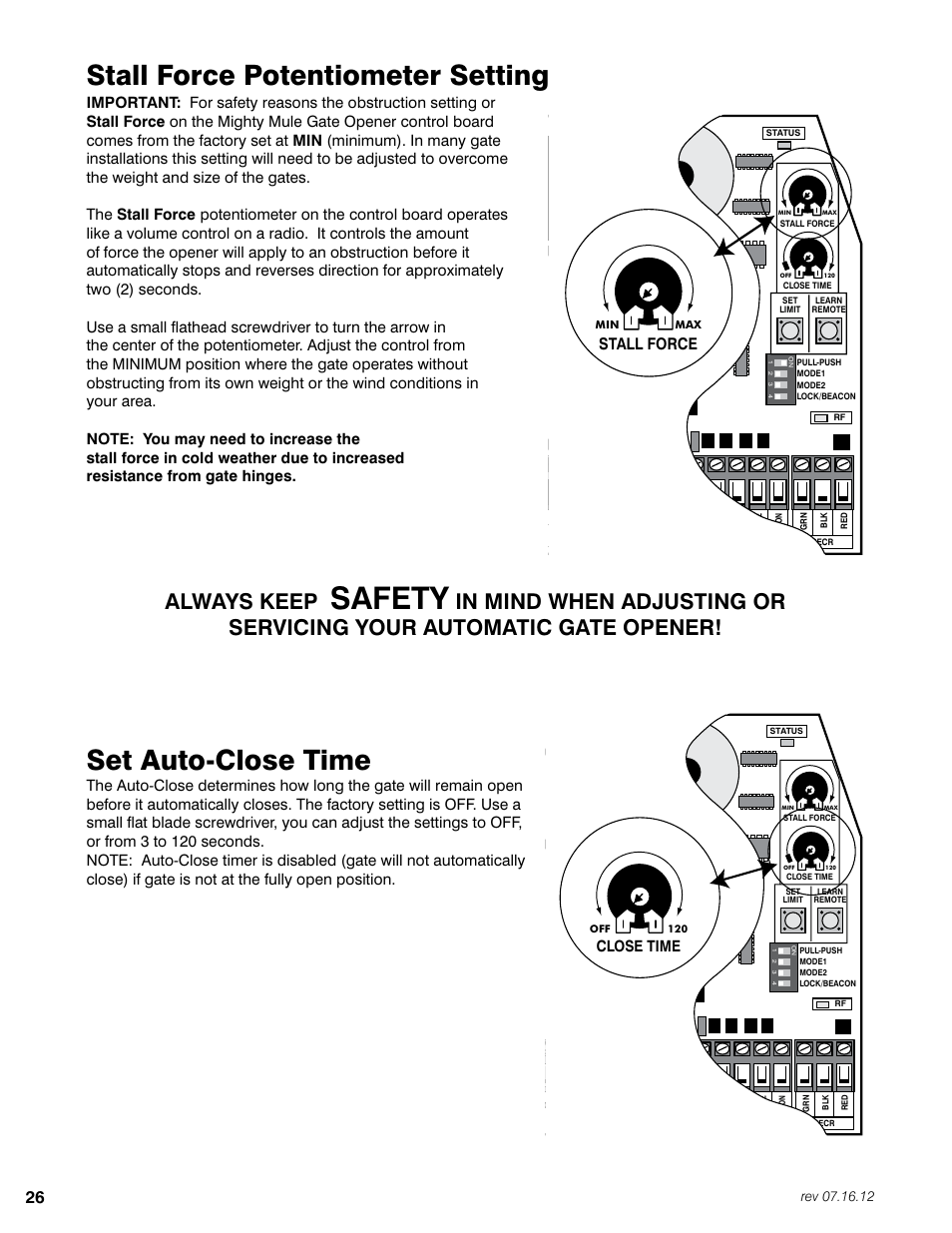 Safety, Stall force potentiometer setting, Set auto-close time | Always keep, Stall force, Close time | Mighty Mule FM350 User Manual | Page 30 / 44