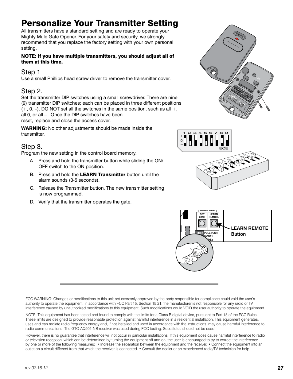 Personalize your transmitter setting, Step 1, Step 2 | Step 3, Learn remote button | Mighty Mule FM350 User Manual | Page 31 / 44
