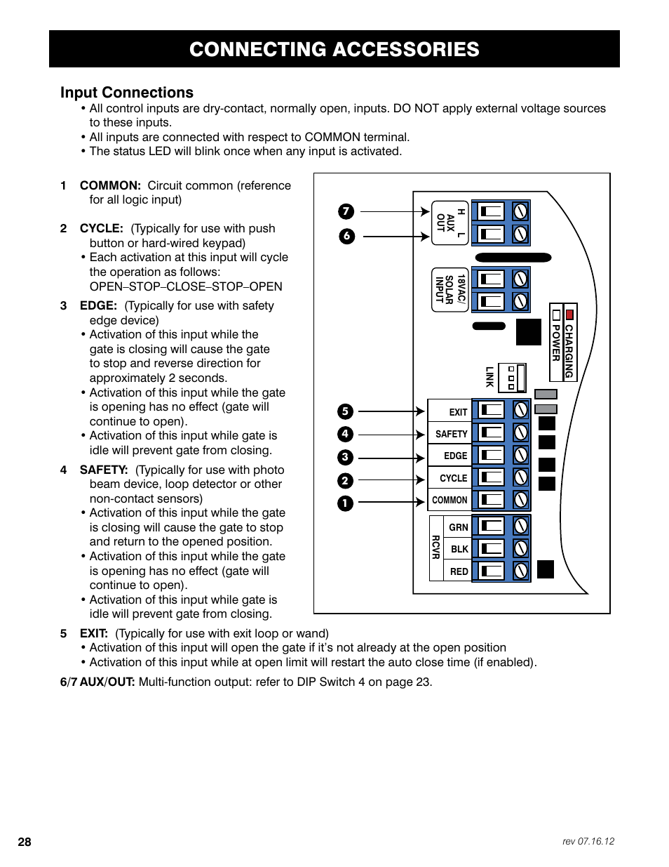 Connecting accessories, Input connections | Mighty Mule FM350 User Manual | Page 32 / 44