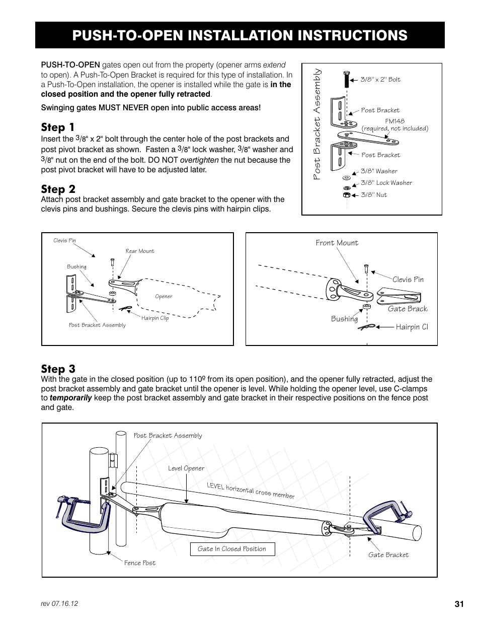 Push-to-open installation instructions, Step 1, Step 2 | Step 3 | Mighty Mule FM350 User Manual | Page 35 / 44