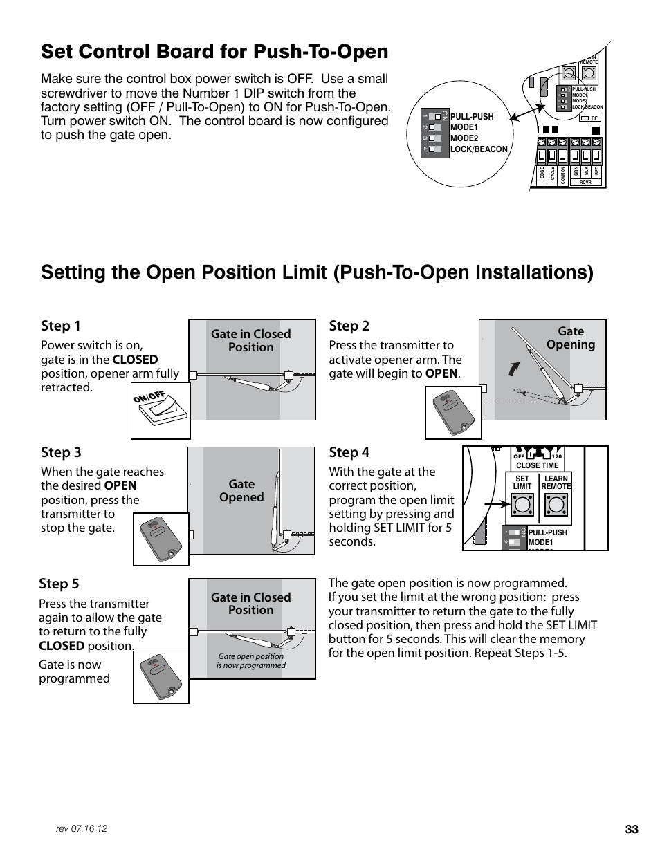 Set control board for push-to-open, Step 1, Step 2 | Step 3, Step 4, Step 5, Stall force | Mighty Mule FM350 User Manual | Page 37 / 44