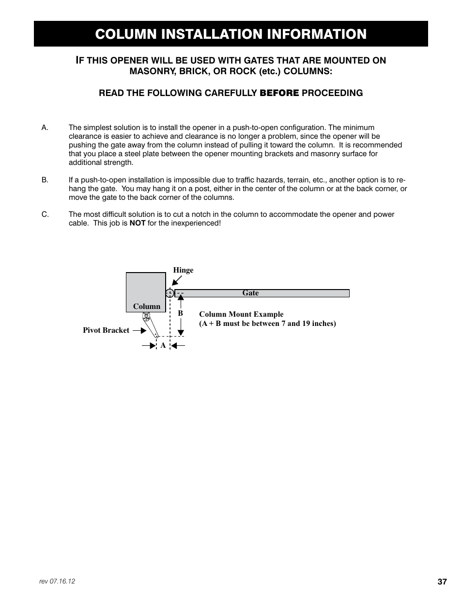 Column installation information | Mighty Mule FM350 User Manual | Page 41 / 44