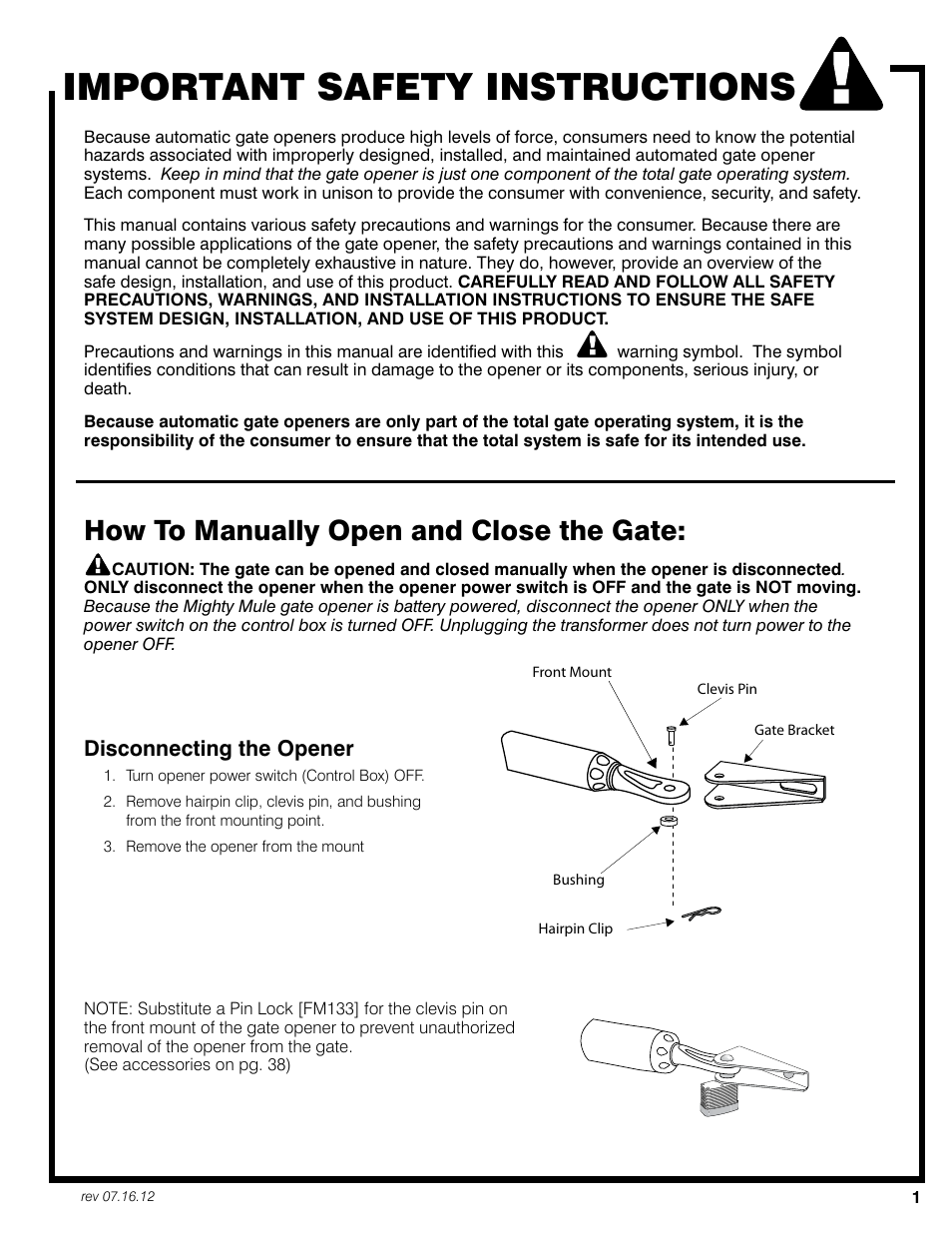 Important safety instructions, How to manually open and close the gate, Disconnecting the opener | Mighty Mule FM350 User Manual | Page 5 / 44