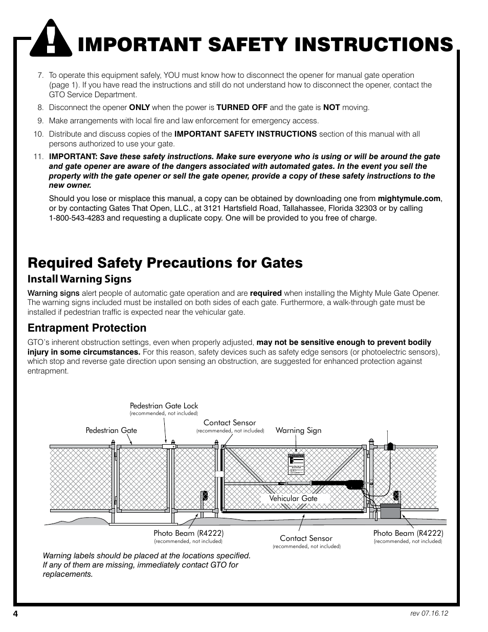 Important safety instructions, Required safety precautions for gates, Install warning signs | Entrapment protection | Mighty Mule FM350 User Manual | Page 8 / 44