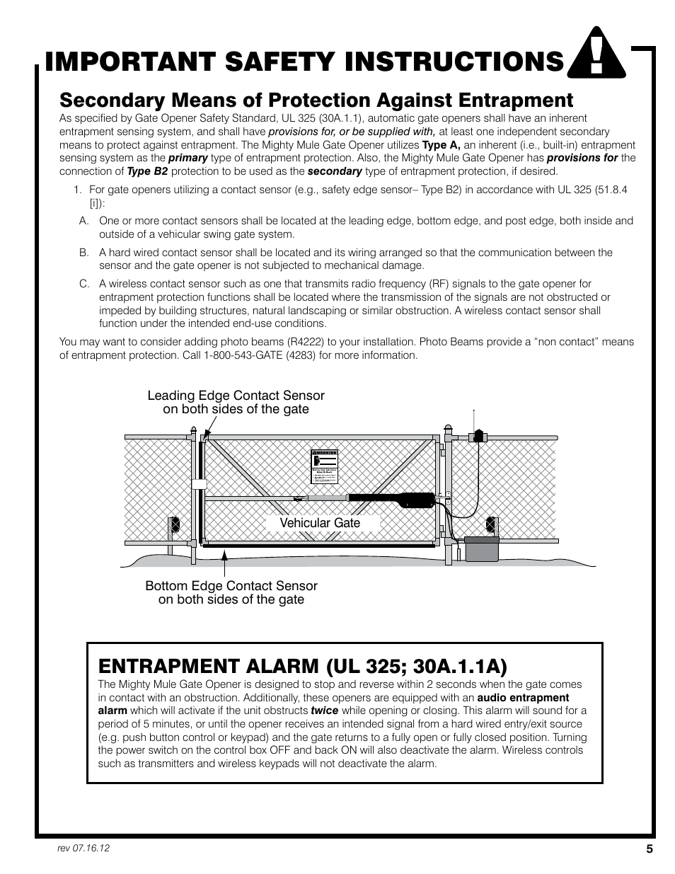Important safety instructions, Secondary means of protection against entrapment | Mighty Mule FM350 User Manual | Page 9 / 44