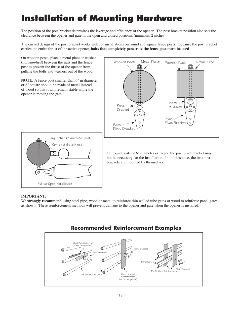 Installation of mounting hardware, Recommended reinforcement examples | Mighty Mule FM502 Green Board User Manual | Page 16 / 44