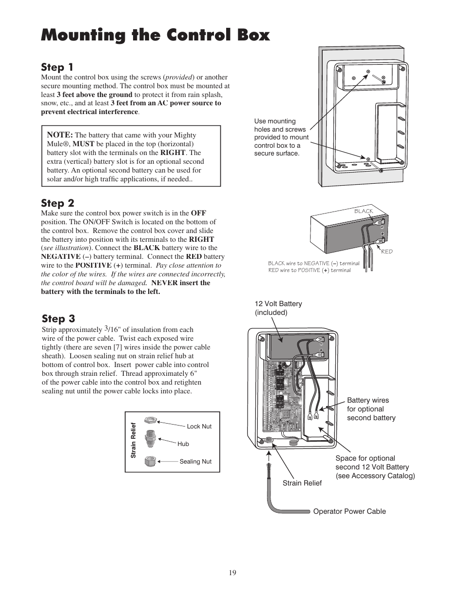 Mounting the control box, Step 2, Step 3 | Step 1 | Mighty Mule FM502 Green Board User Manual | Page 23 / 44