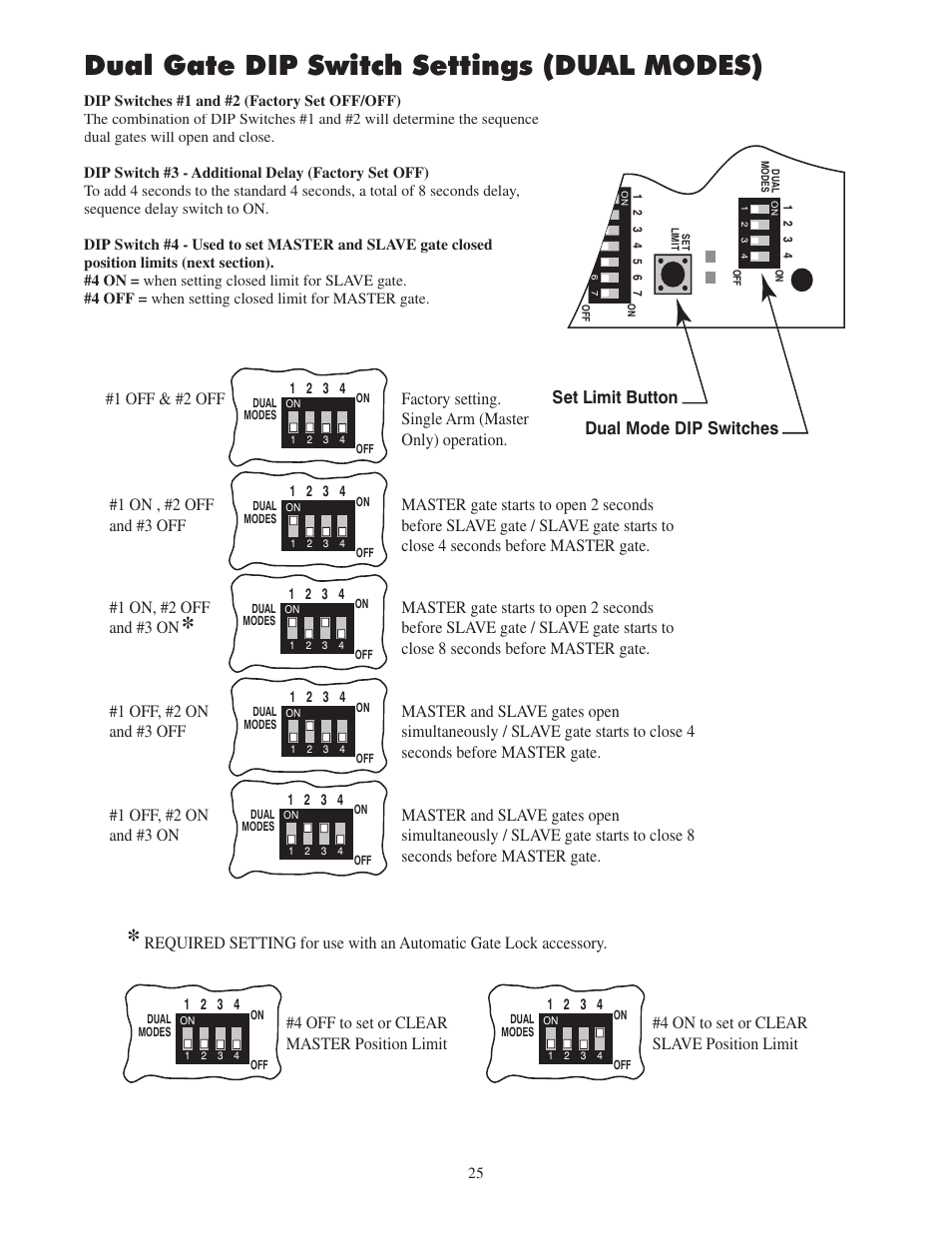 Dual gate dip switch settings (dual modes) | Mighty Mule FM502 Green Board User Manual | Page 29 / 44